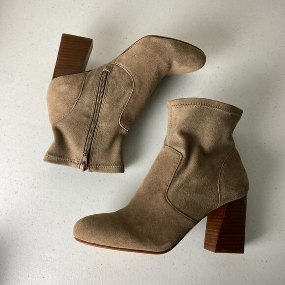 Sole Society Cassity Sock Bootie Heeled Tan Faux Suede Block Heel Womens 6M - Picture 3 of 9